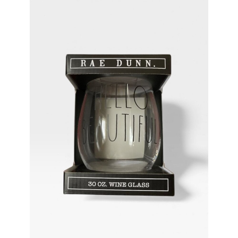 Rae Dunn “Hello Beautiful” 30 oz stemless wine glass, new in box Rare